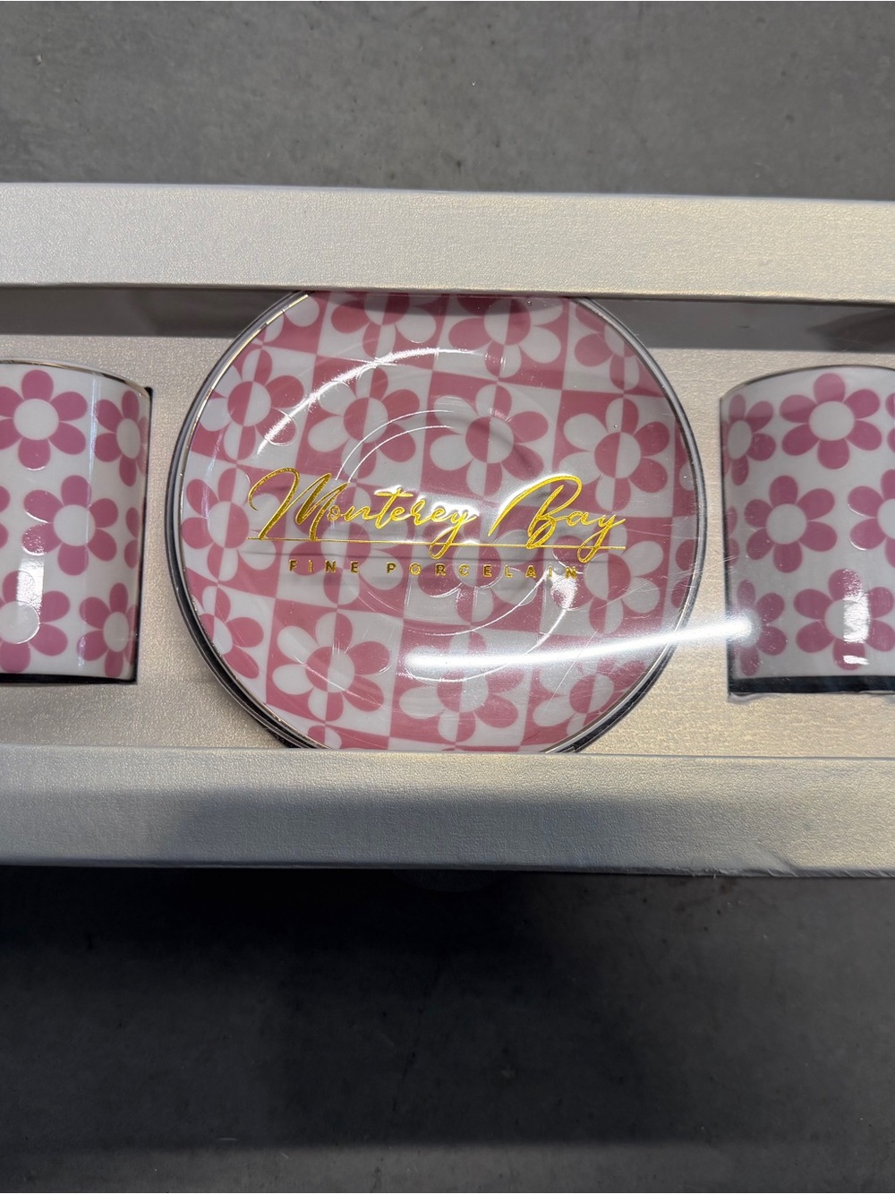 Monterey Bay Fine Porcelain Pink Floral Espresso Cup Saucer Set Boxed